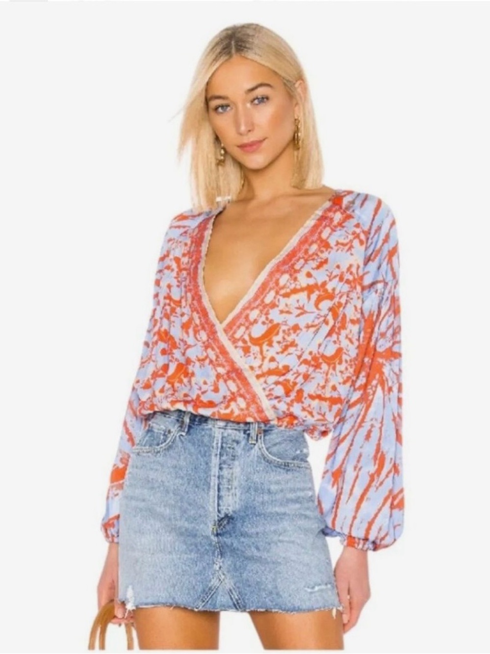 Free People Peach Floral Surplice Long-Sleeve Top